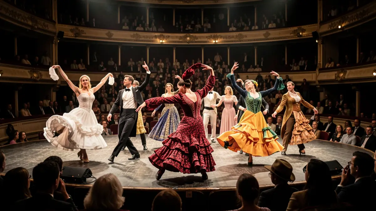 Imagen de bailarines del Ballet Nacional de España actuando en el escenario.