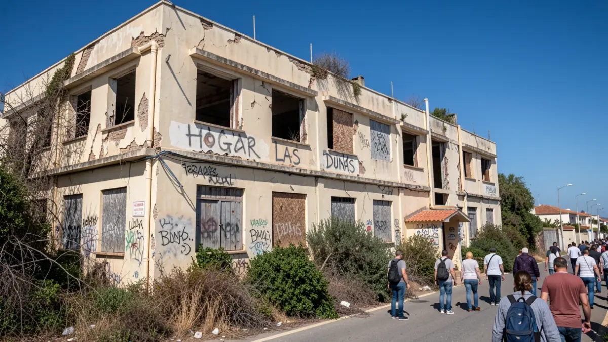 Imagen del antiguo Hogar Las Dunas en Tafira Alta, Gran Canaria, mostrando su estado de abandono y deterioro.