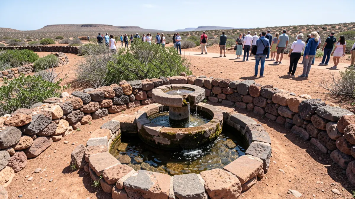 Historic Manitaga Fountain in Fuerteventura, surrounded by dry stone walls and local vegetation.