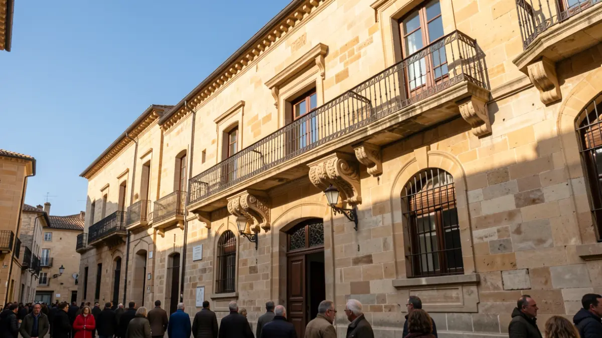 Facade of a traditional Canarias town hall with balcony and iron railings, warm afternoon light.