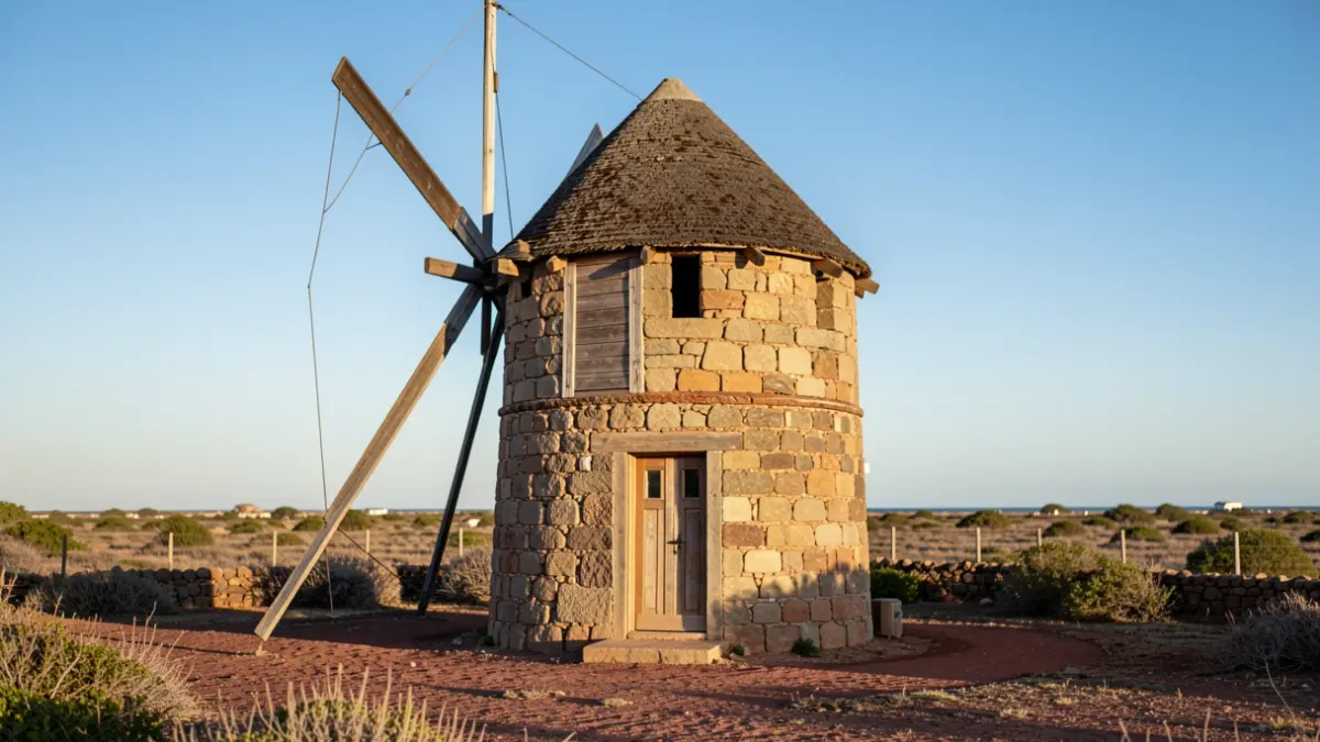 Historic windmill in Fuerteventura undergoing restoration.