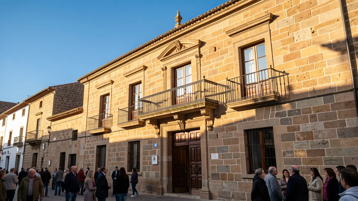 Facade of a traditional Canarian town hall with an ornate balcony and iron railings, warm afternoon light, blue sky.
