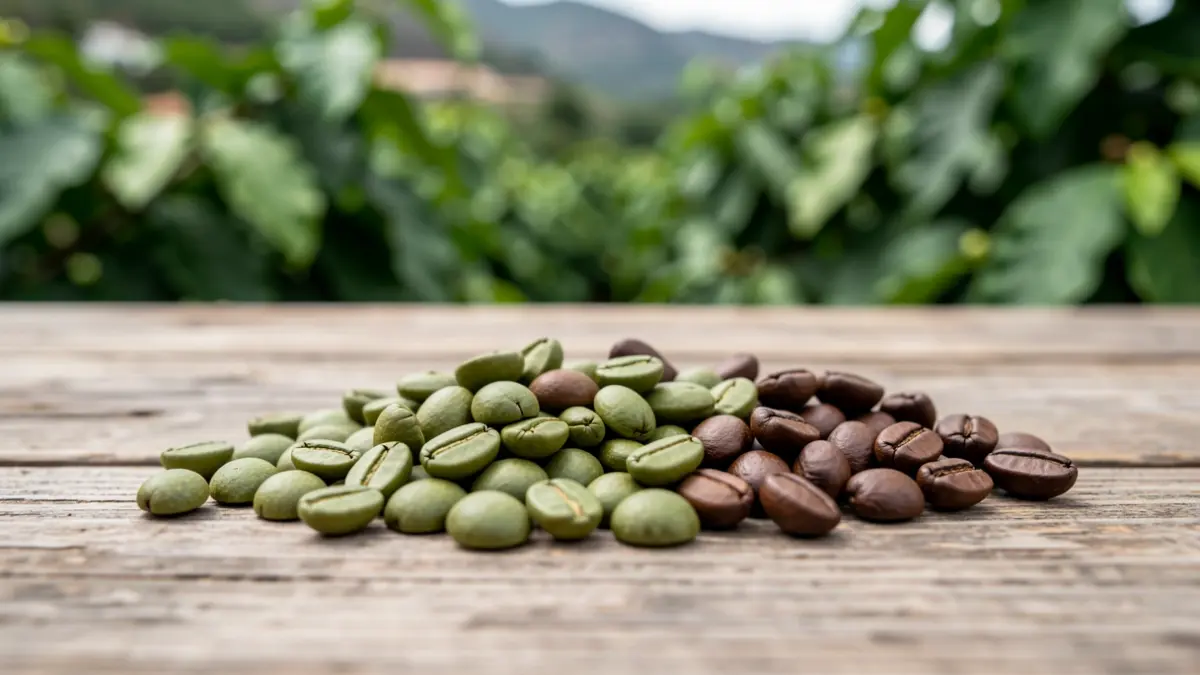 Granos de café verde y tostado en una superficie de madera rústica, con cafetales del Valle de Agaete al fondo.