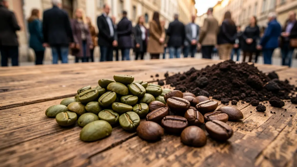 Granos de café verde y tostado sobre una superficie de madera rústica.
