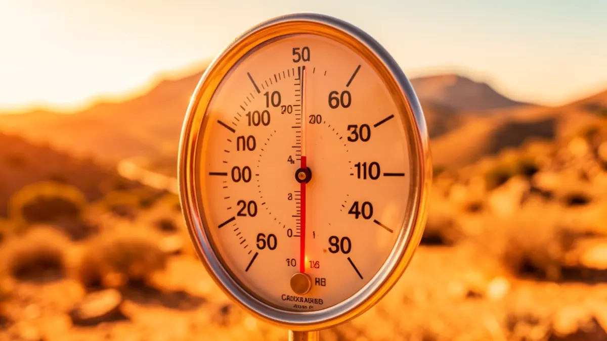 Termómetro marcando una temperatura extremadamente alta en un paisaje soleado de Canarias.