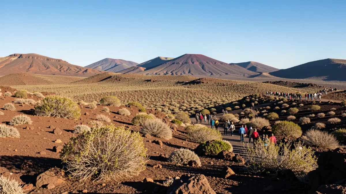 Paisaje volcánico de Gran Canaria con terreno árido y vegetación escasa bajo un cielo azul claro, luz solar cálida proyectando sombras.