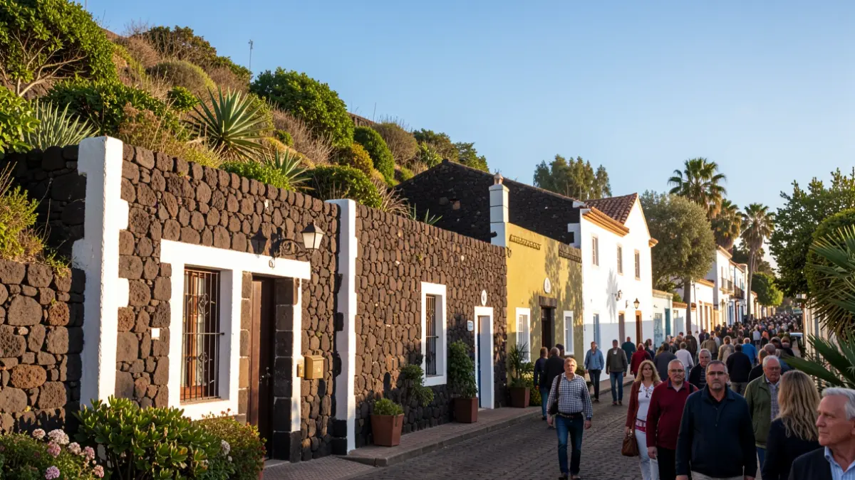 Fachada tradicional canaria de piedra volcánica con balcones de madera y vegetación exuberante.