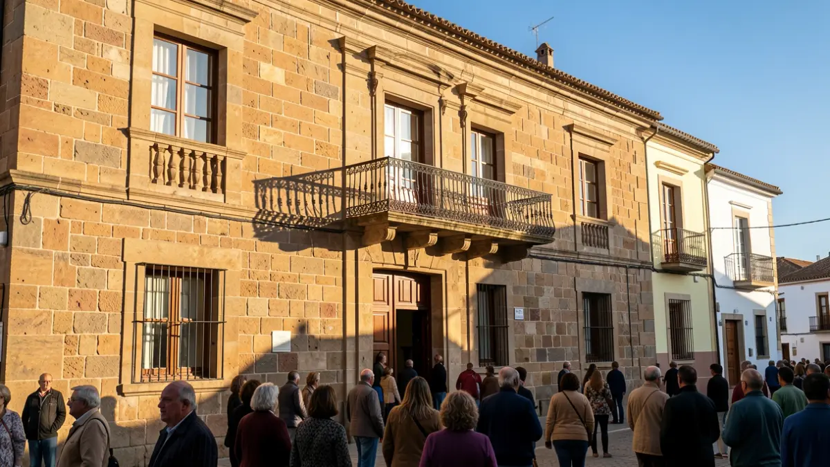 Fachada de un ayuntamiento tradicional canario con balcón y barandillas de hierro, luz cálida de tarde.