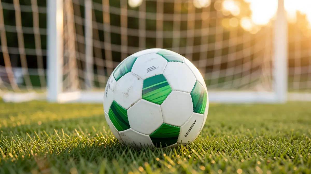 Generic image of a soccer ball on grass with a blurred goal net.