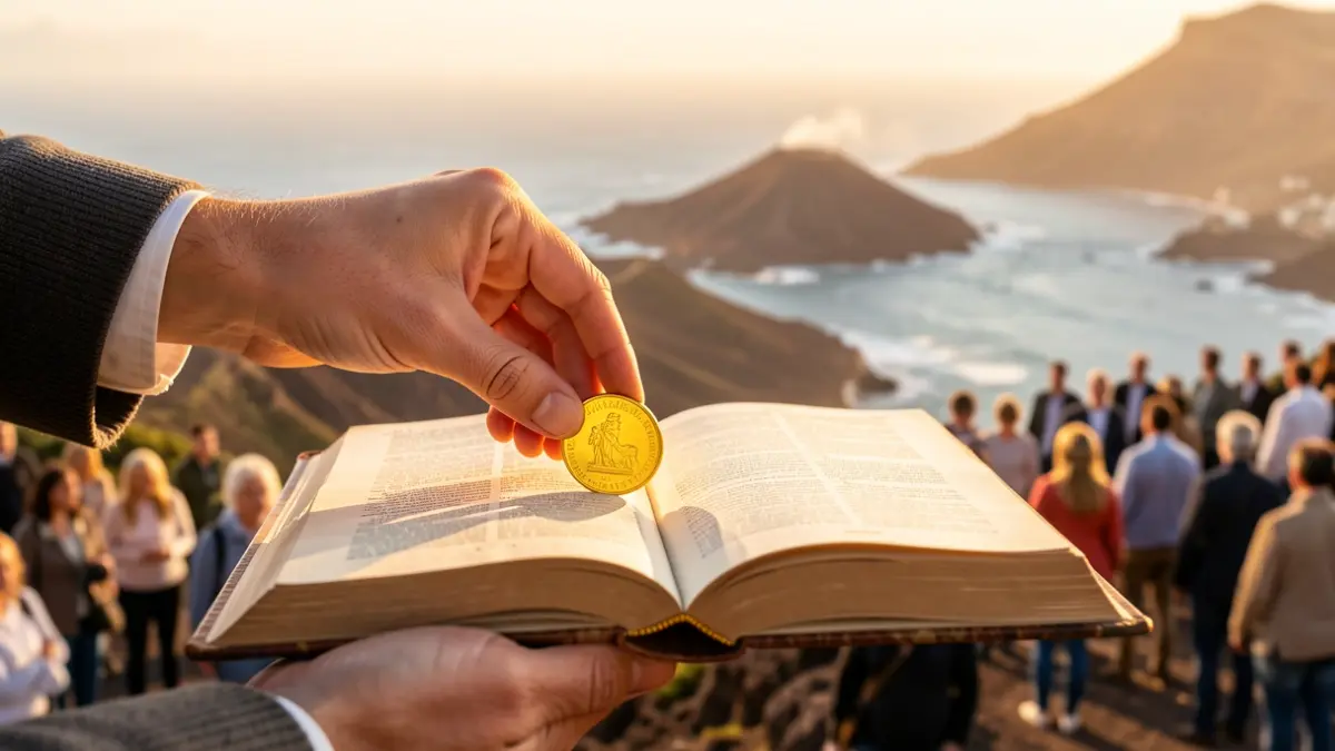 Symbolic image of education investment in the Canary Islands, with a hand placing a coin into an open book, and a Canarian landscape in the background.