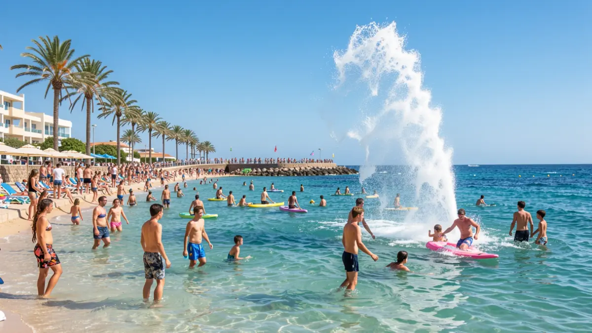 Young people and families enjoy water activities and a foam cannon at El Muelle Chico in El Cotillo during the International Youth Day celebration.