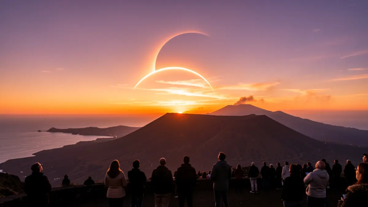 Generic image of a volcanic landscape in the Canary Islands at sunset with a partial solar eclipse visible in the sky and silhouettes of people observing.
