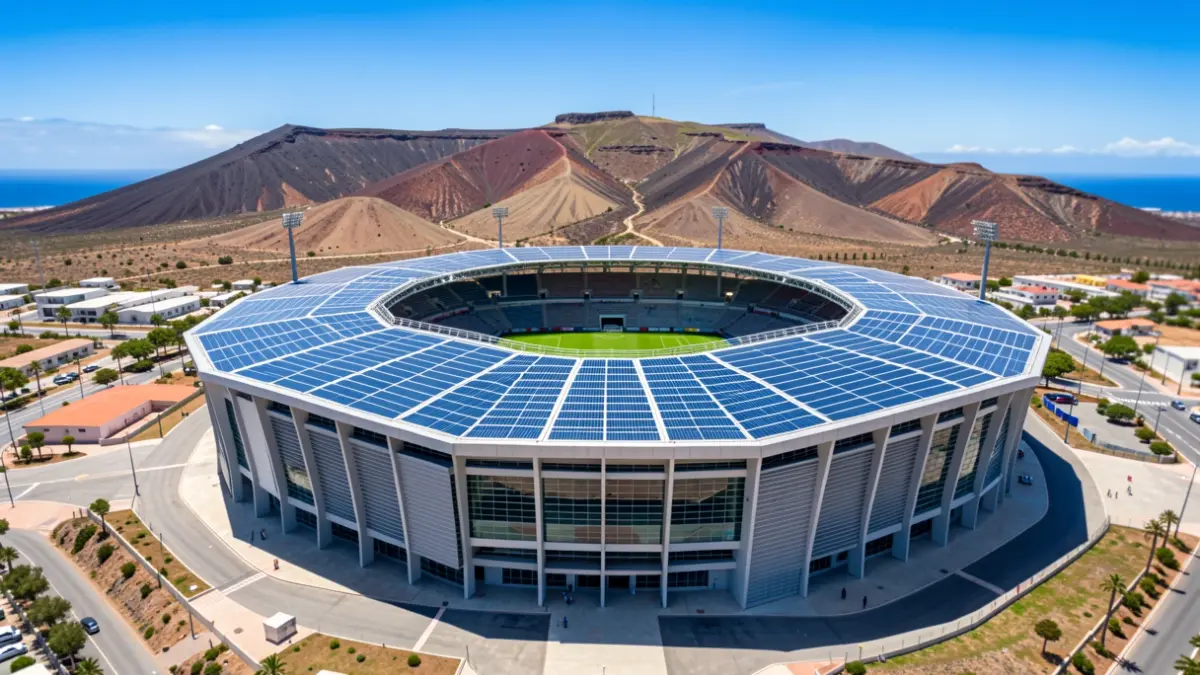 Aerial view of the Gran Canaria Stadium with solar panels on its roof and facades, surrounded by Canary Islands volcanic landscape.