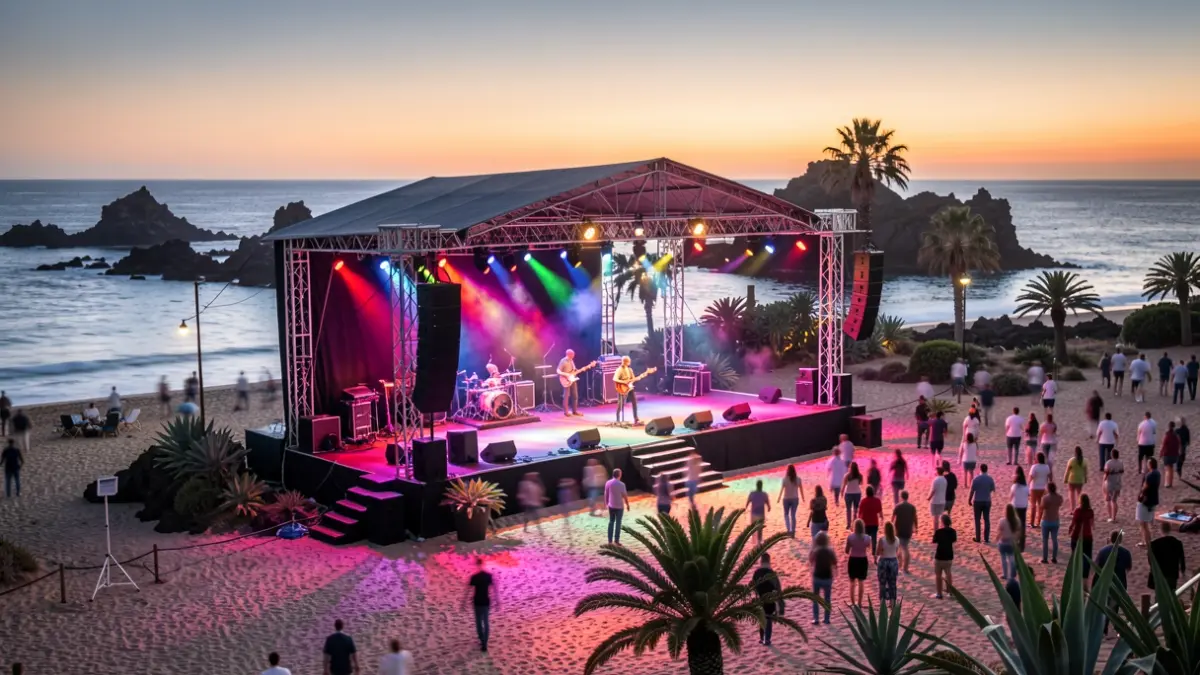 Imagen genérica de un festival de música al aire libre en una playa de Canarias al atardecer.