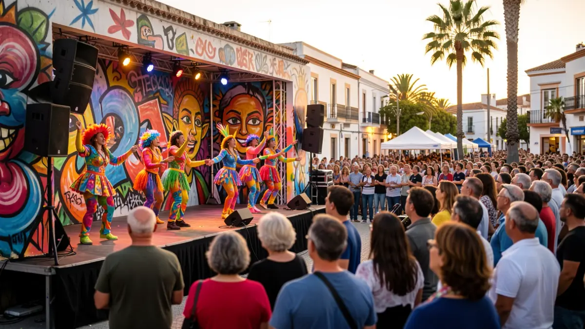 Generic image of a street art festival with audience and performers.