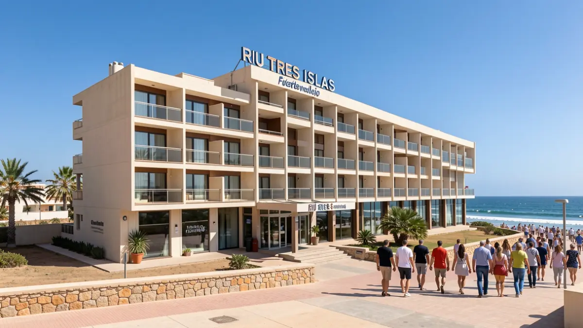 Exterior view of the Riu Tres Islas hotel in Corralejo, Fuerteventura, showing its original architecture and renovations.