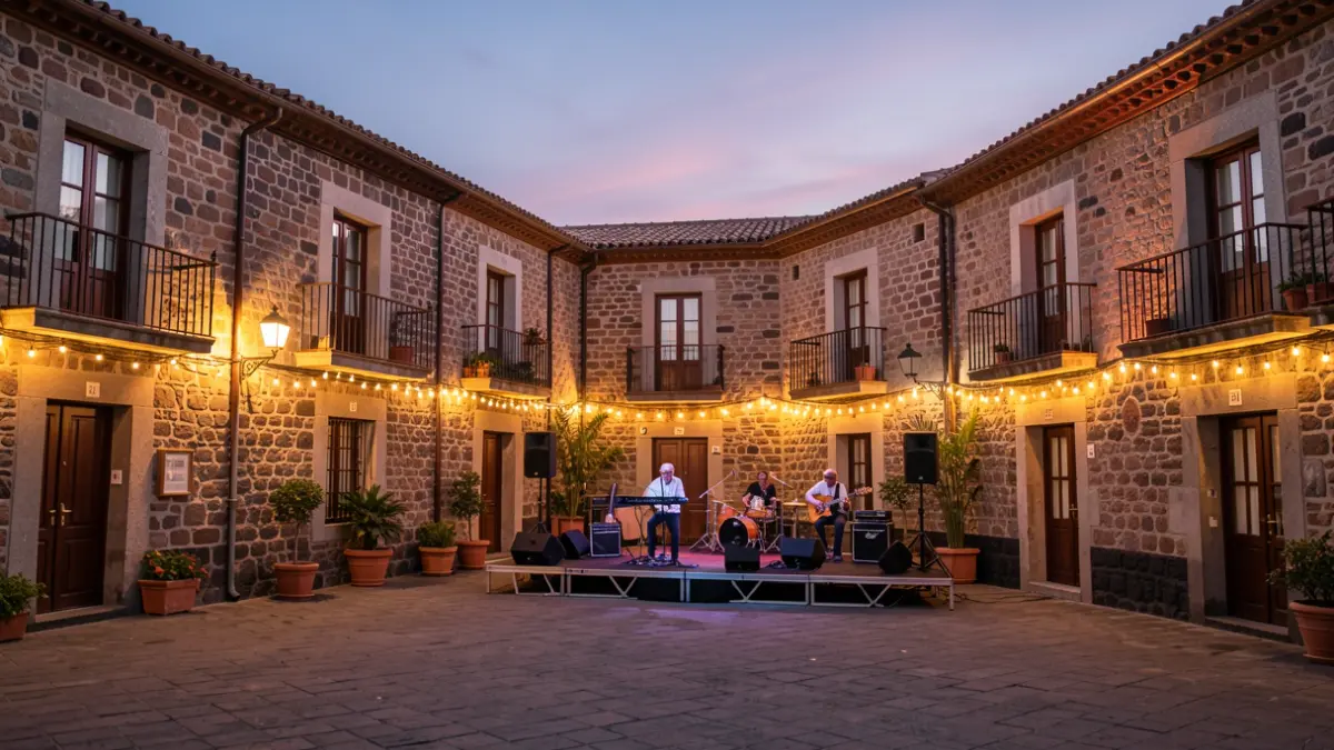 Generic image of a Canarian village square with a stage for festivities.
