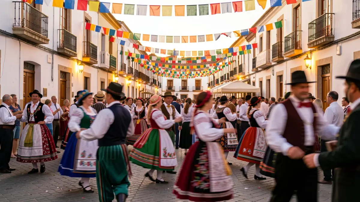 Imagen genérica de un festival de folclore en Canarias con gente bailando y decoraciones coloridas.