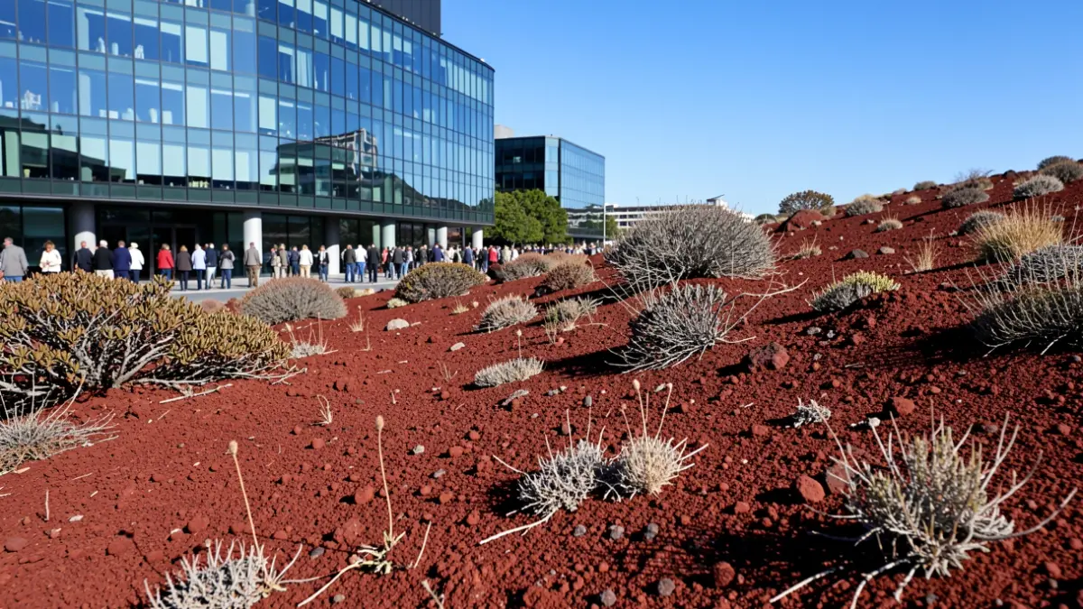 Imagen genérica de un paisaje volcánico de Canarias con un edificio de oficinas moderno al fondo.