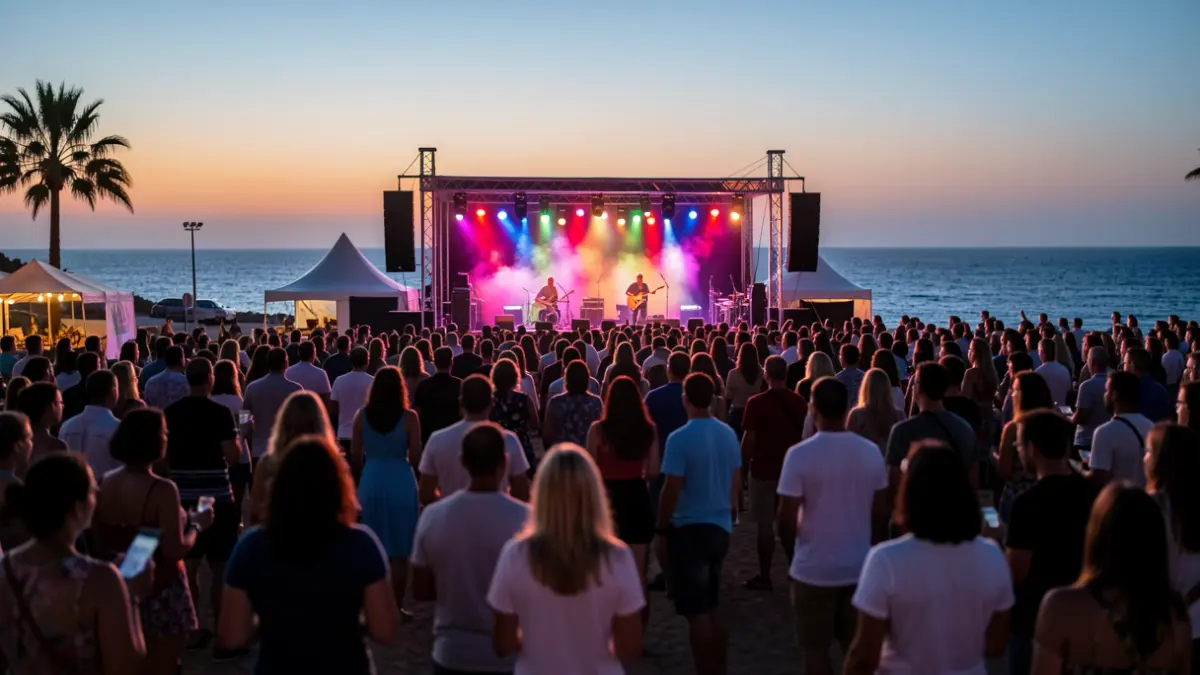 Generic image of an outdoor music festival at dusk in the Canary Islands, with stage lights and blurred audience.