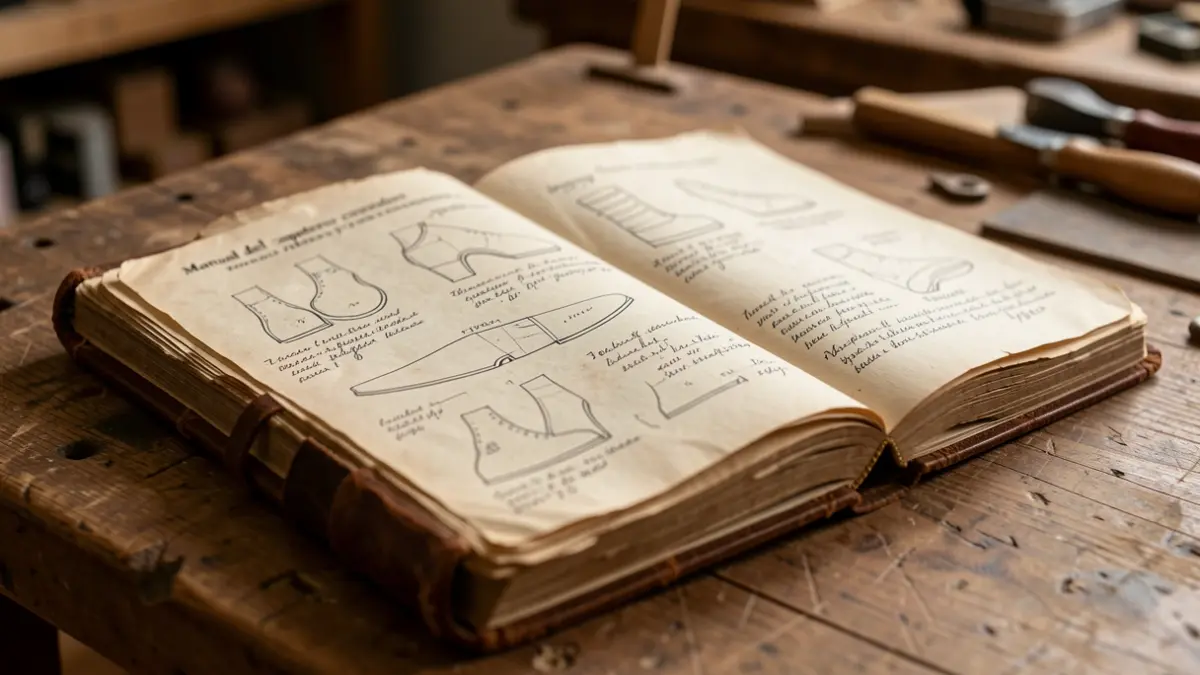 Primer pla d'un llibre antic de cuir titulat 'Manual del zapatero cortador y aparador' obert sobre un banc de fusteria, amb diagrames de patrons de sabates i notes manuscrites.