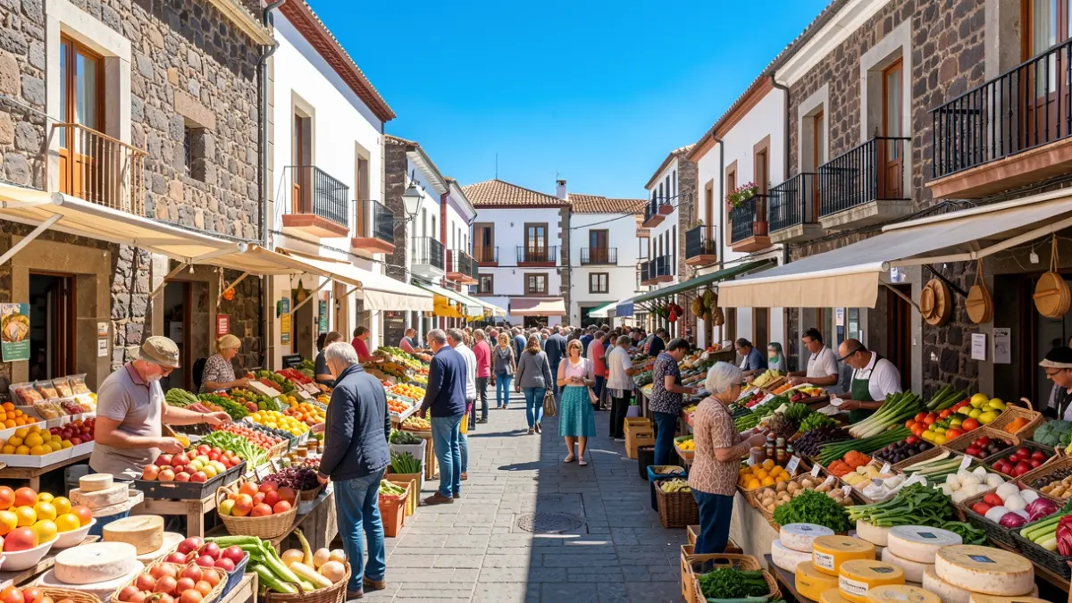 Image of a local agricultural market in Gáldar with fresh produce and shoppers.
