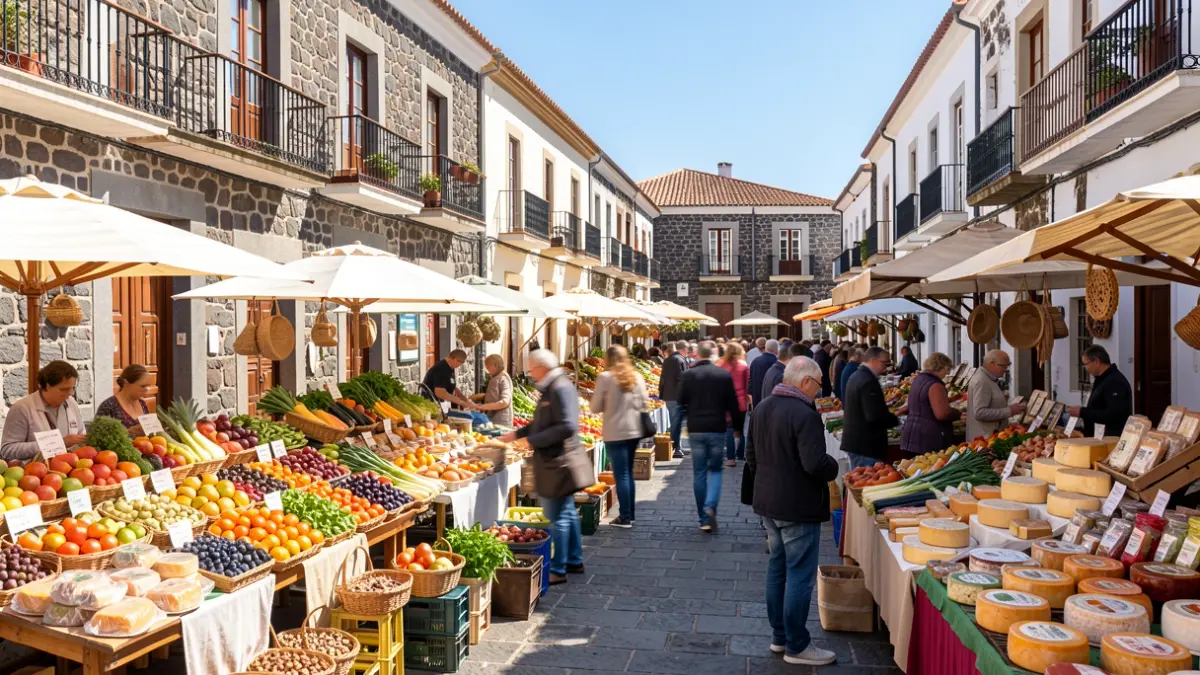 Imagen genérica de un mercado agrícola tradicional en Canarias con productos frescos y arquitectura local.