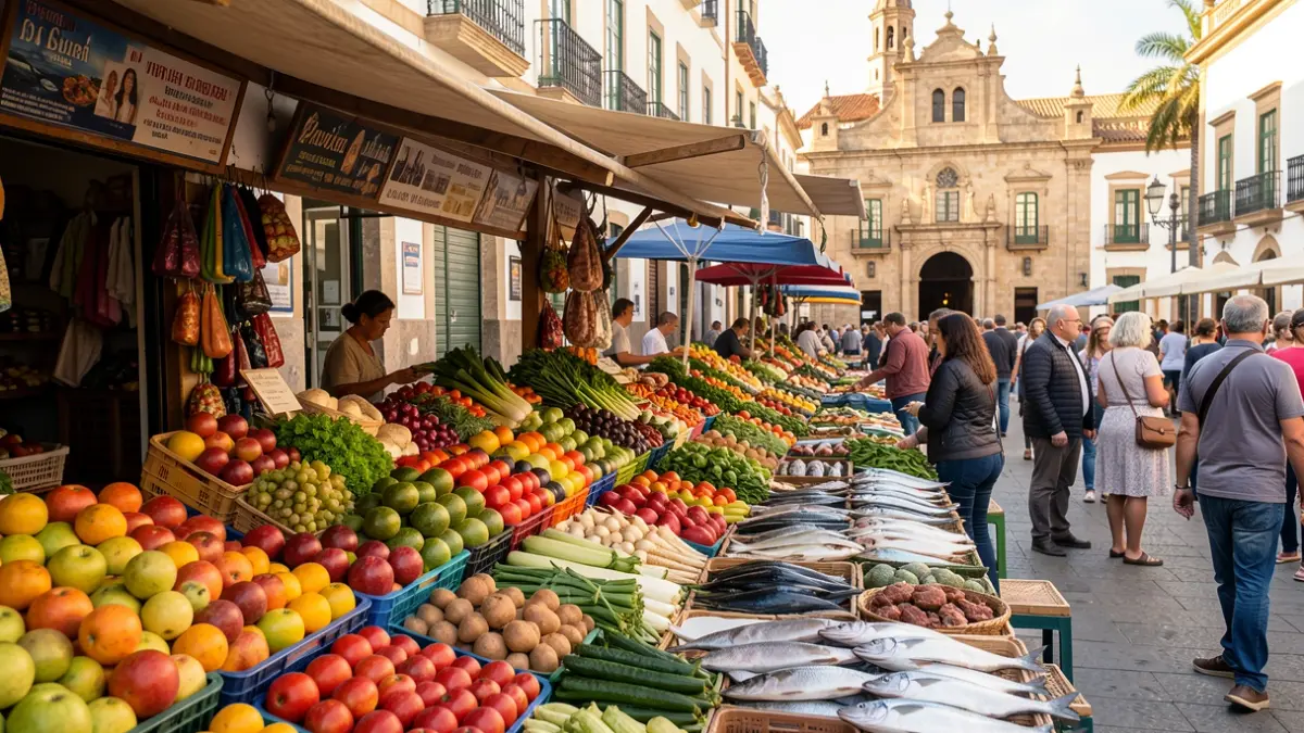 Traditional Canarian market stall with fruits, vegetables, and fish in Las Palmas de Gran Canaria.