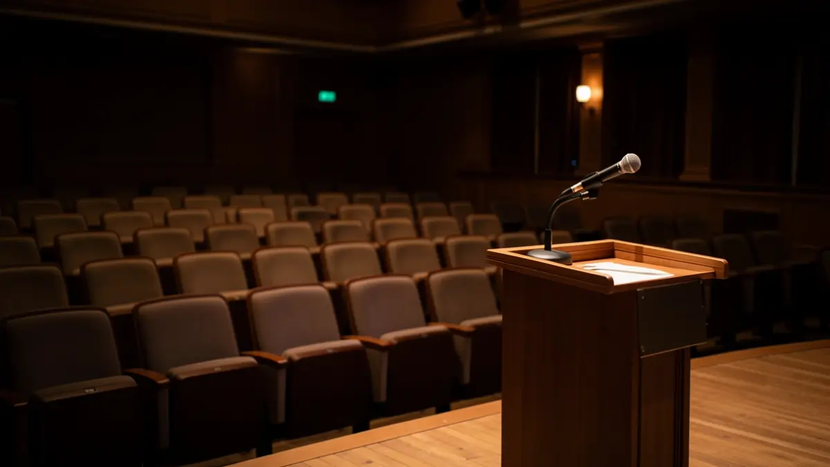 Generic image of an empty auditorium with a microphone on the podium.