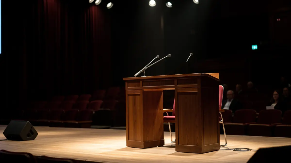 Generic image of an auditorium with a lectern and microphone.