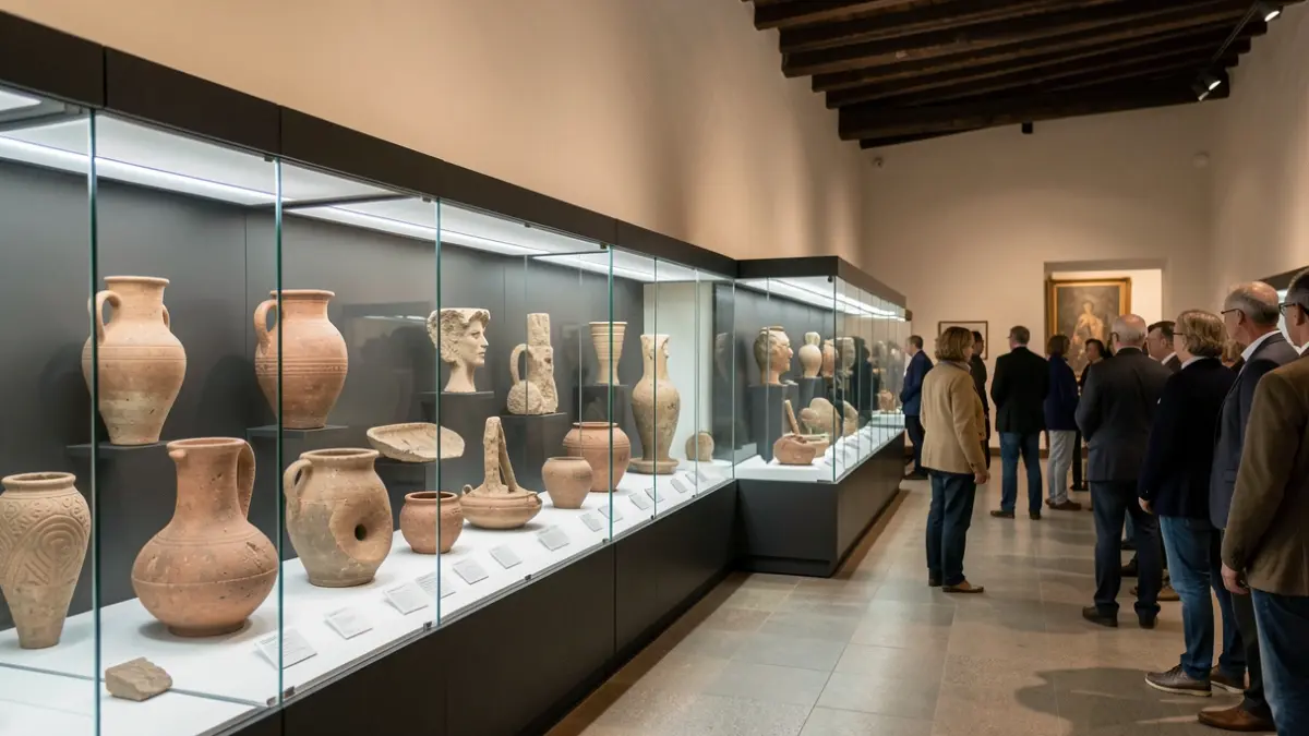 Interior del Museo Arqueológico de Tenerife con piezas de cerámica y restos antropológicos expuestos.