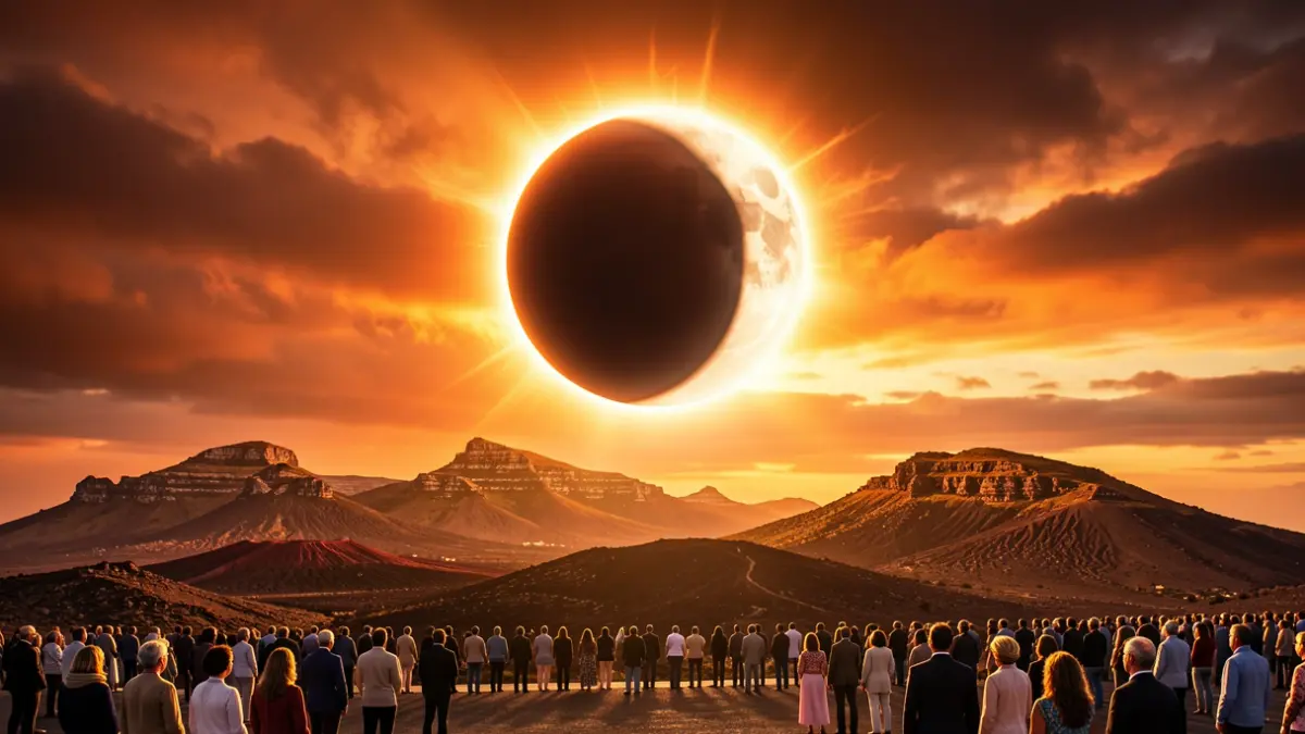 Representación abstracta de un eclipse solar parcial sobre el paisaje volcánico de Canarias.