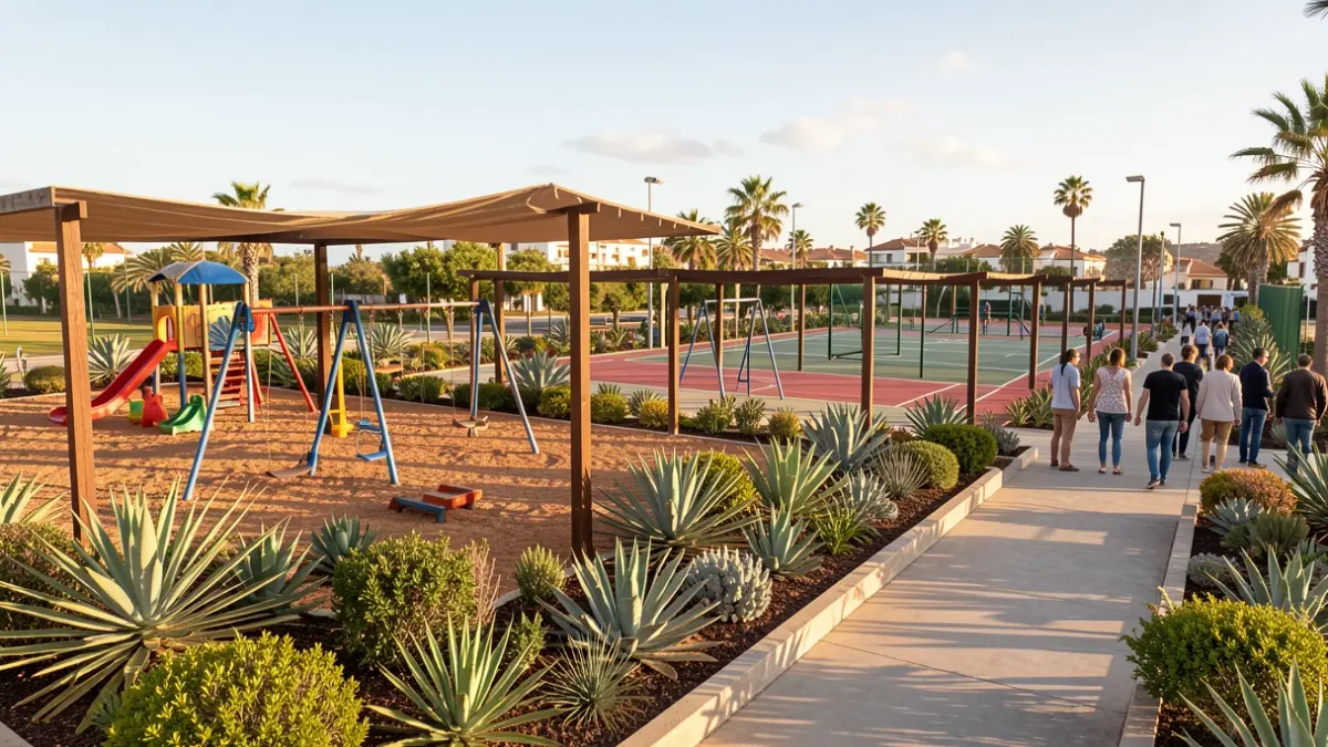 Imagen del nuevo parque de Los Lirios en Tías, Lanzarote, con zonas ajardinadas, parque infantil y áreas deportivas.