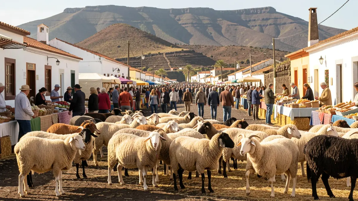 Generic image of a livestock fair in the Canary Islands with native animals and traditional architecture.