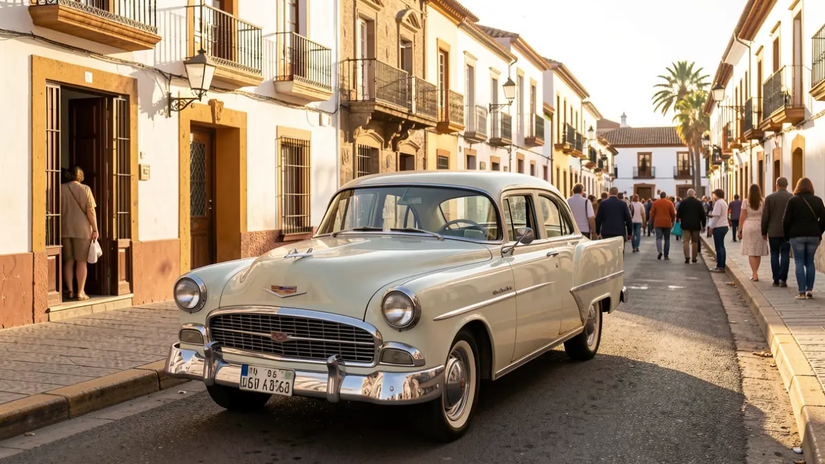 A classic 1950s car in El Paso, La Palma, with Canarian architecture.