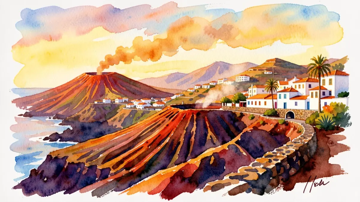 Watercolor painting of a volcanic landscape with traditional Canarian architecture under golden light.