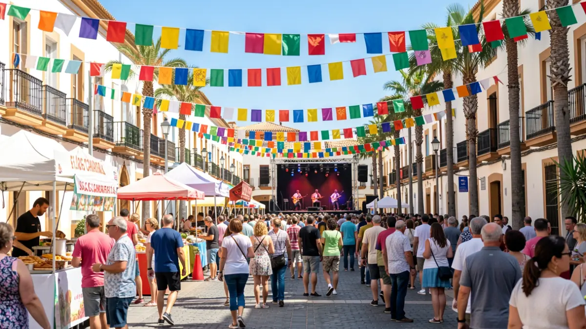 Generic image of a street festival in Canarias with people, food stalls, and a stage.