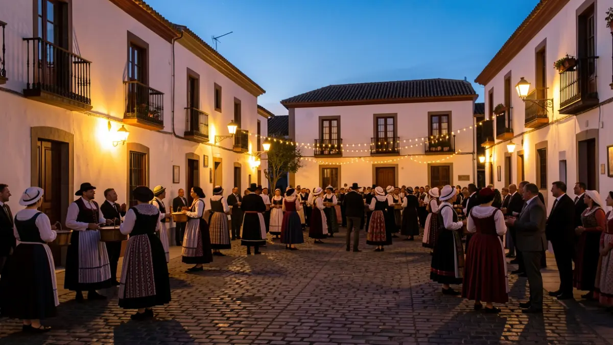 El Paso square illuminated at dusk during the Cena de Magos, with people in traditional attire.