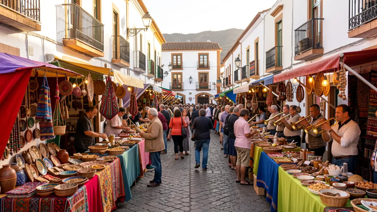 Generic image of a craft market in the Canary Islands with music and food stalls.
