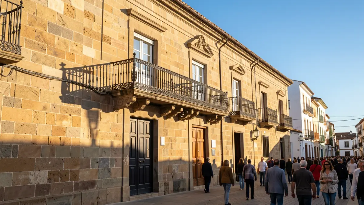 Facade of the El Paso Town Hall with balcony and iron railings, under the afternoon sunlight.