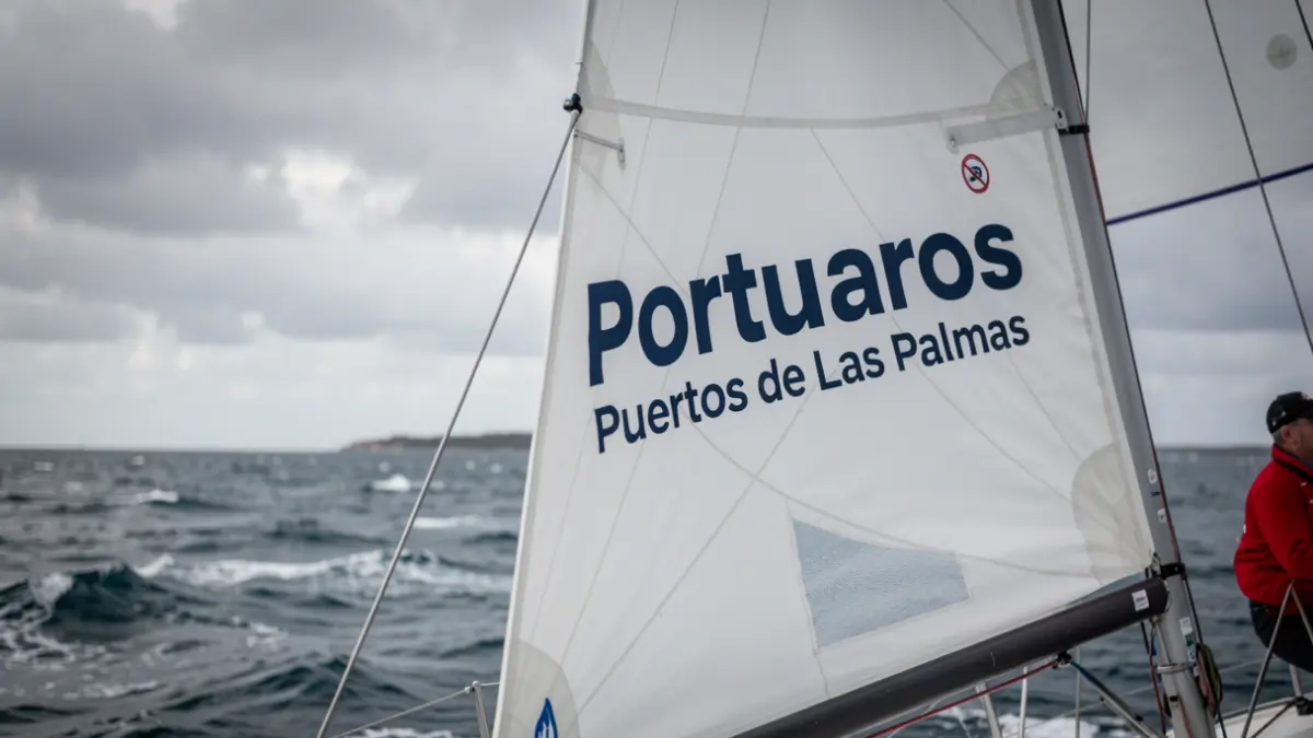 The sailboat 'Portuarios Puertos de Las Palmas' competing in tough wind conditions.