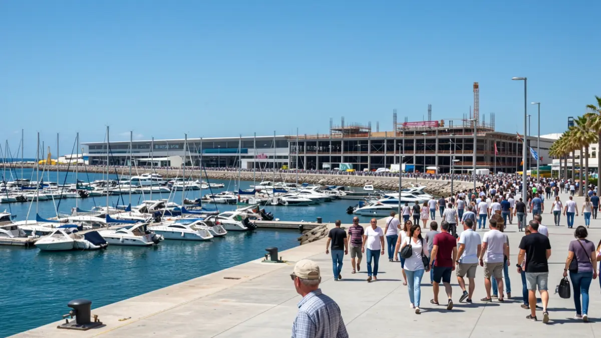View of the Muelle Deportivo in Las Palmas with boats and the commercial area.