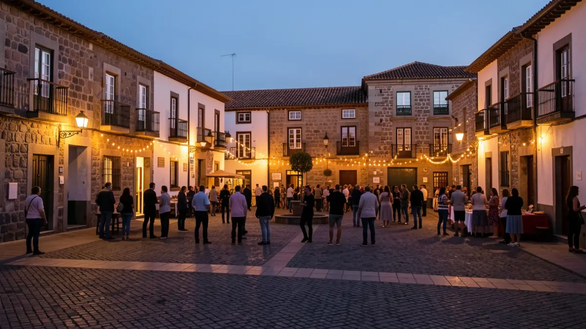 Plaza tradicional canaria al atardecer con edificios históricos iluminados y siluetas de personas.