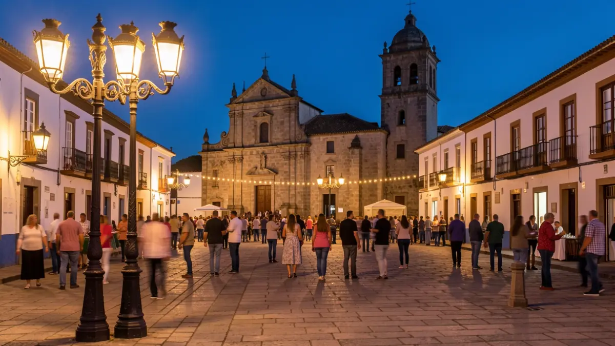 Plaza de Yaiza durante las fiestas de Los Remedios al atardecer.