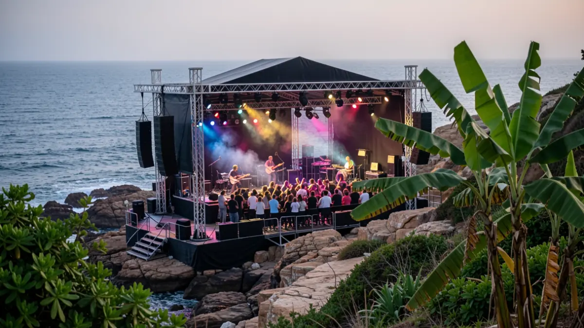 Outdoor music festival stage on the coast of La Palma at sunset, with the Atlantic Ocean in the background and lush vegetation.