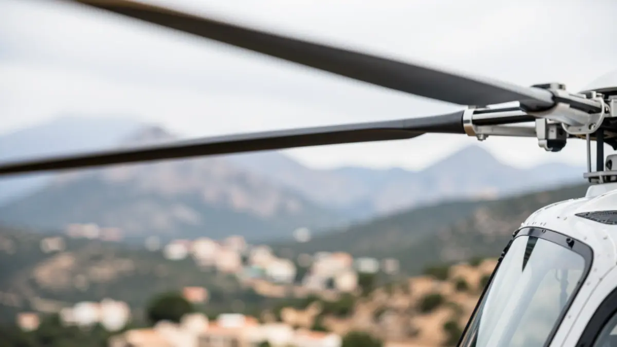 Primer plano de las palas del rotor de un helicóptero medicalizado con el paisaje de Canarias desenfocado al fondo, simbolizando la urgencia en el transporte de órganos.