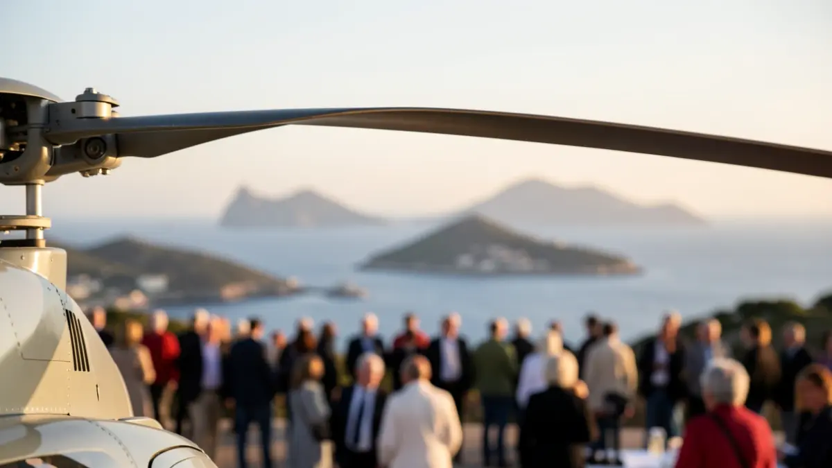 Close-up of a medical helicopter rotor blade flying over the Canary Islands.