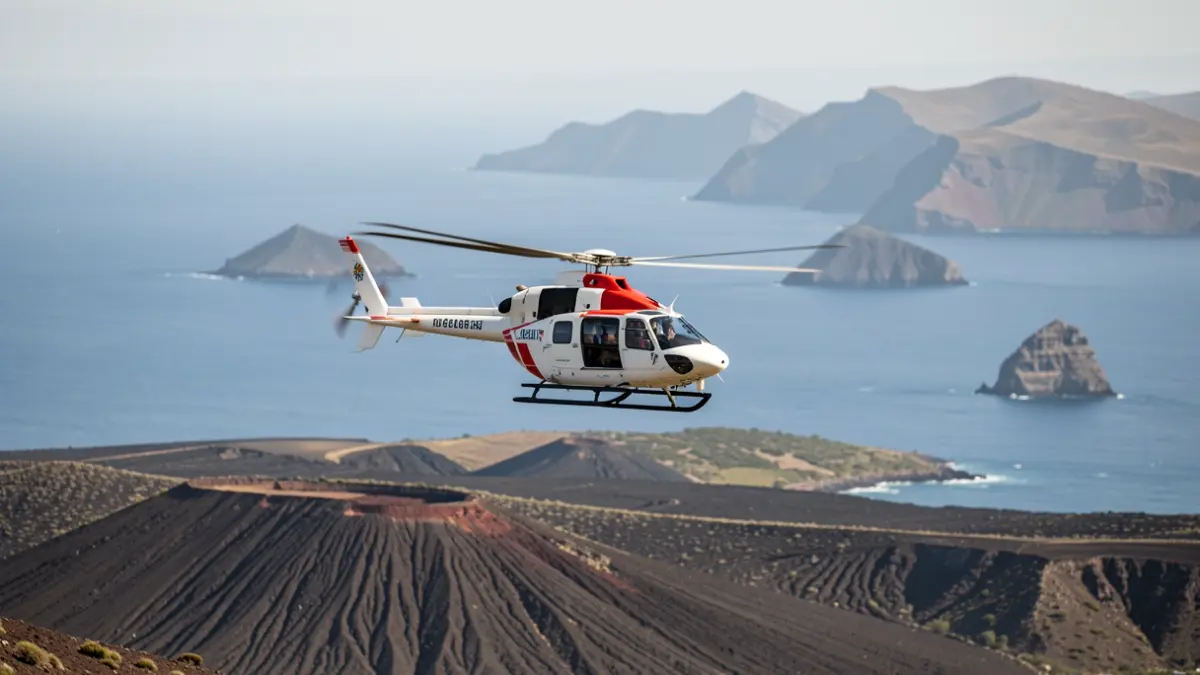 Medical helicopter of the SUC flying over the volcanic landscape of the Canary Islands for organ transport.