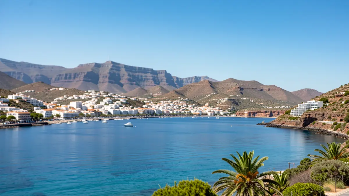 Vista panorámica de Mogán, Gran Canaria, con su bahía y montañas.