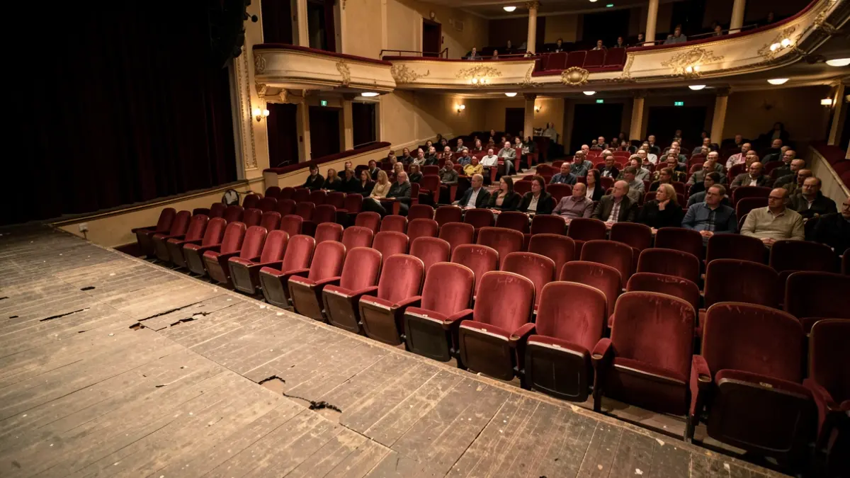 Imagen genérica del interior de un teatro con butacas desgastadas y suelo por renovar.